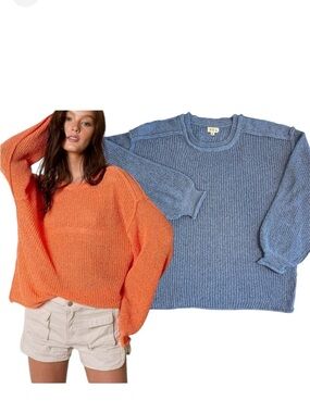 POL Thin Chunky Relaxed Fit Sweater Round Crew Neck Balloon Sleeves Blue Medium